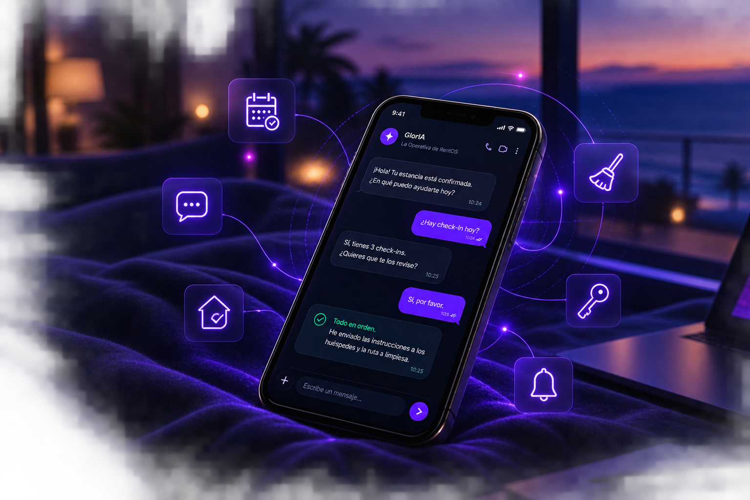 Conversación de GlorIA en WhatsApp confirmando un check-in, con accesos, limpieza y avisos coordinados automáticamente